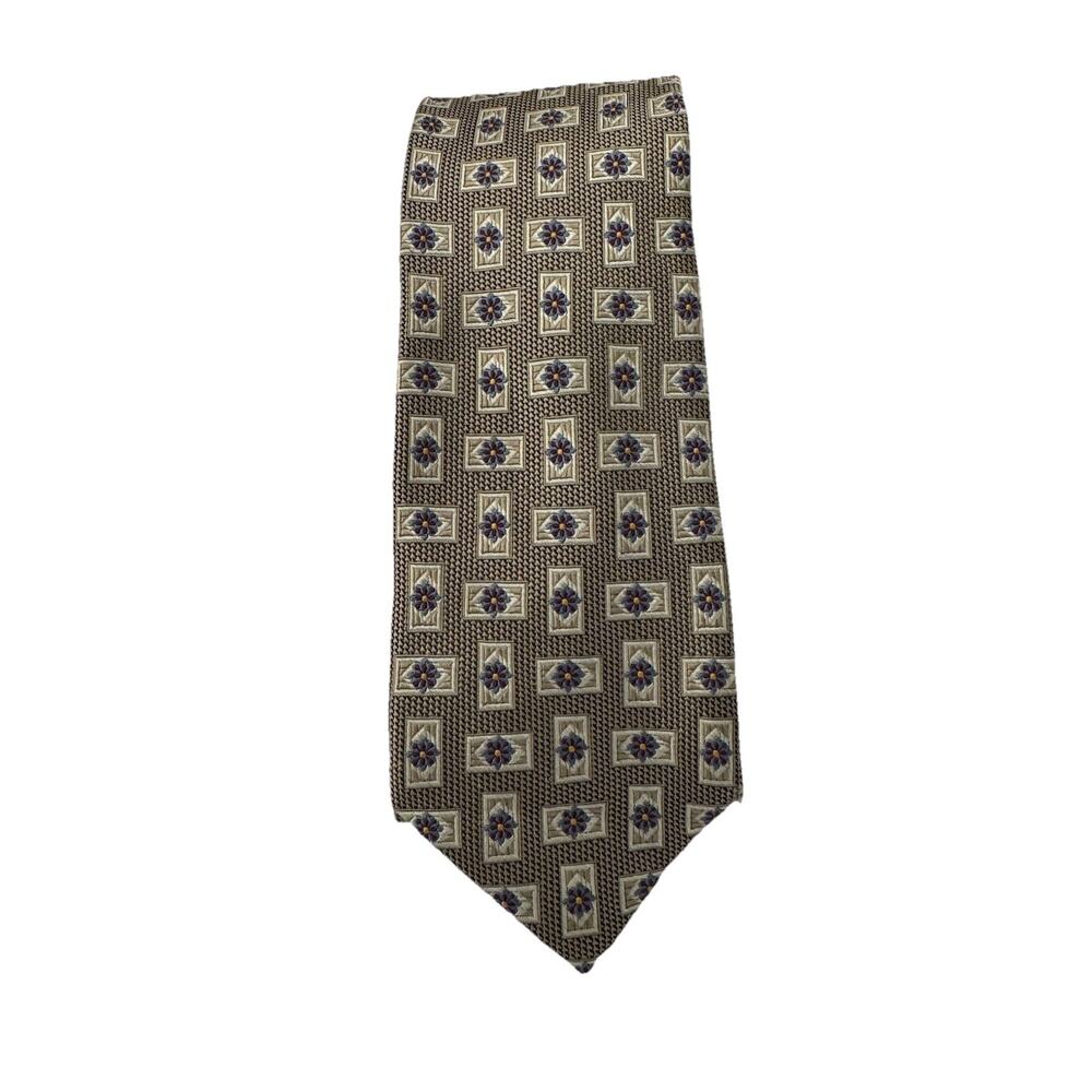 Jos A Bank Signature Collection Men’s Silk Tie Tan With Purple & Blue Geometric